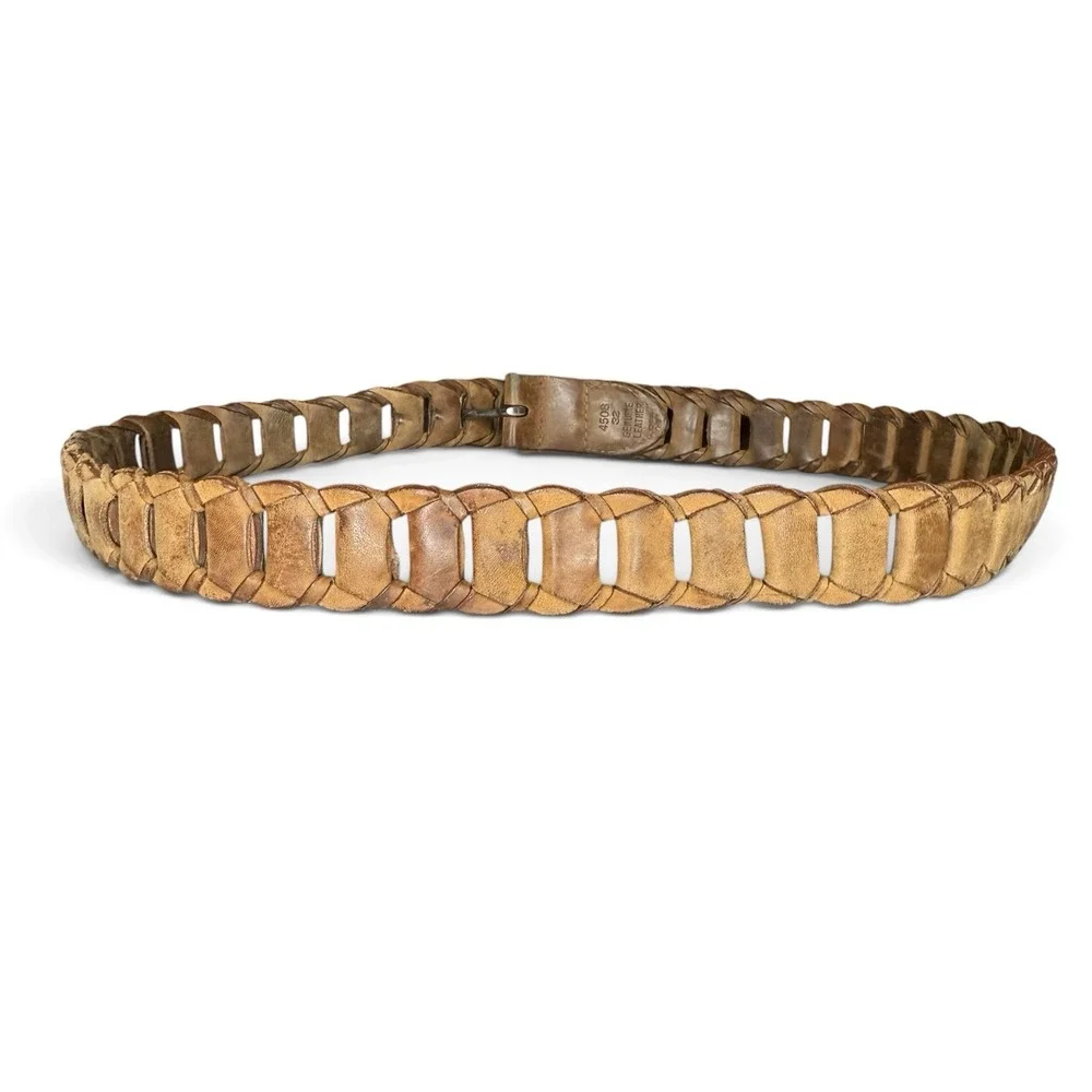 Vintage Braided Link Leather Solid Brass Buckle Belt Brown Patina MEN'S 32